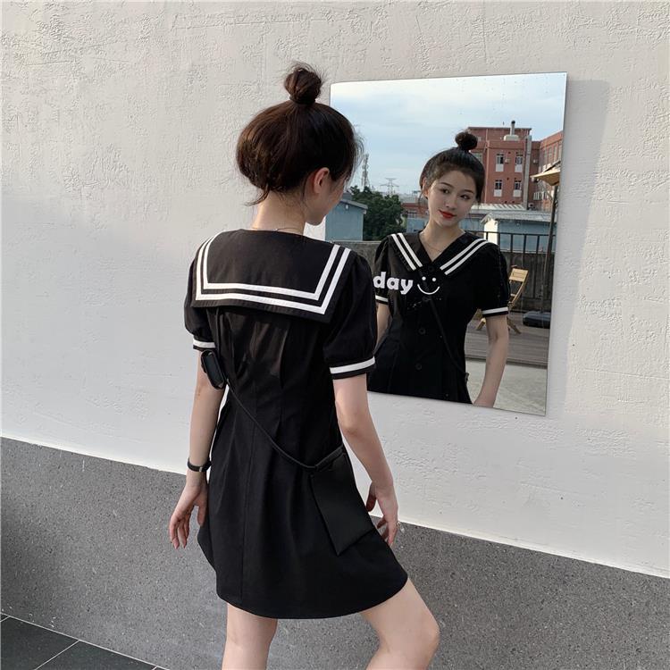 Đầm Dáng Chữ A Tay Ngắn Phồng Cổ Thủy Thủ Ôm Eo Dễ Thương