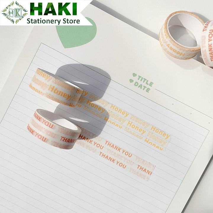 Cuộn băng keo washi tape HAKI in chữ thank you trang trí sổ tay phong cách Hàn Quốc BD05