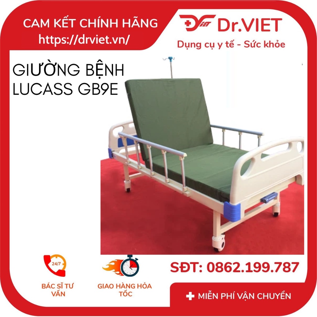 Giường bệnh 2 tay quay LUCASS GB 9E - Chính hãng , thương hiệu Mỹ - Thiết kế chắc chắn, an toàn khi sử dụng - 2 tay quay