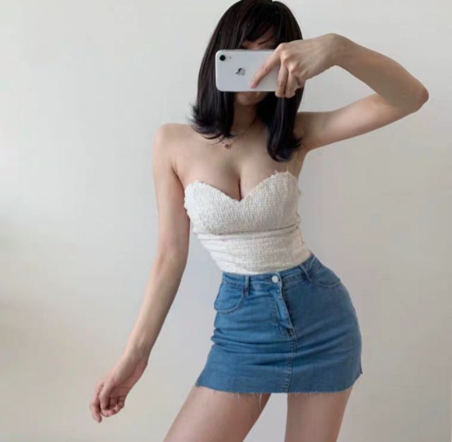 [ẢNH THẬT] Áo croptop quây cổ tim sexy kèm dây quai trong tiện lợi 2 màu đen trắng cho nữ