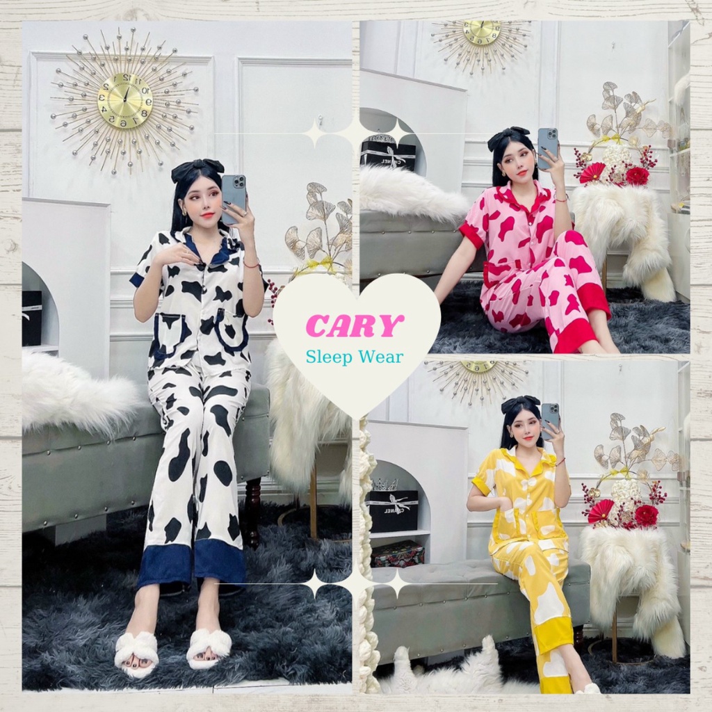 Đồ ngủ CARY, đồ bộ pijama lụa cộc tay nữ mặc nhà dễ thương chất mát cho mùa hè