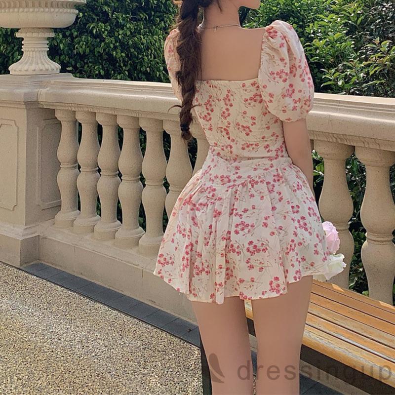 Đầm Ngắn Tay Phồng Cổ Vuông In Họa Tiết Hoa Thanh Lịch Dành Cho Nữ