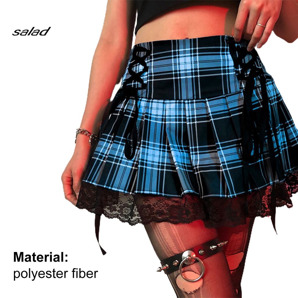 Chân Váy Ngắn Xếp Ly Kẻ Sọc Caro Phối Dây Thắt Cho Nữ