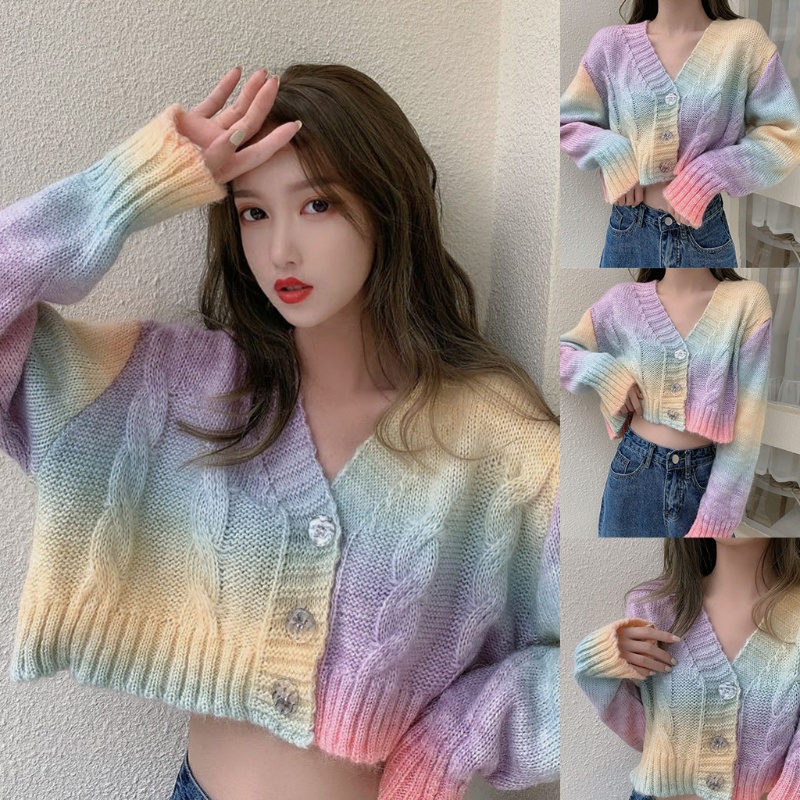 Áo Khoác Cardigan Dệt Kim Tay Dài Dáng Ngắn Phối Nút Thiết Kế Màu Nhuộm Thời Trang Cho Nữ