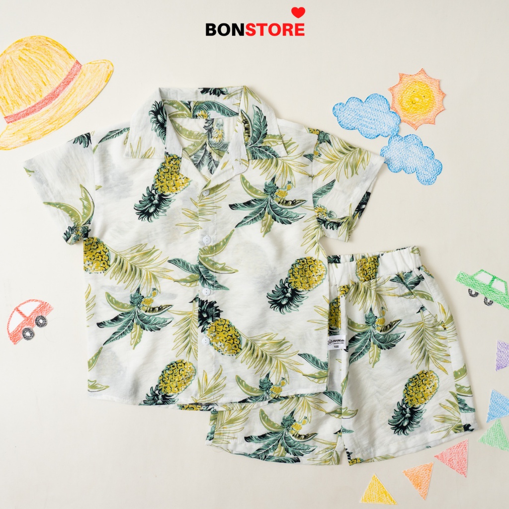Bộ đồ đi biển bé trai 1 2 3 4 5 6 7 tuổi áo sơ mi quần đùi ngắn hoạ tiết hoa lá chất tơ đũi mềm mại Bonstore BR22005