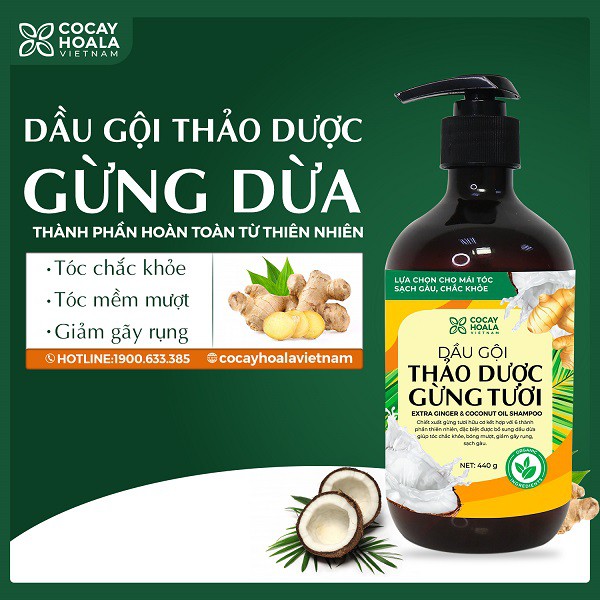 DẦU GỘI THẢO DƯỢC GỪNG DỪA HỮU CƠ CỎ CÂY HOA LÁ LÀM SẠCH DA ĐẦU, HỖ TRỢ GIẢM NGỨA HIỆU QUẢ, DƯỠNG TÓC MỀM MƯỢT