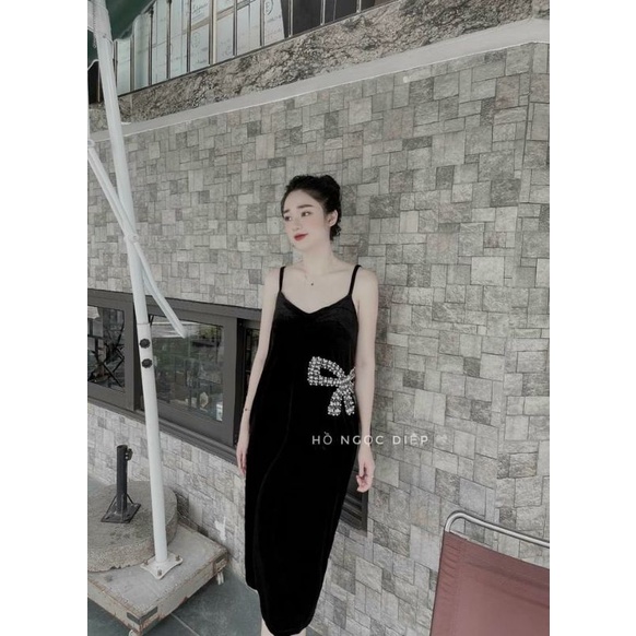 Váy 2 Dây ,váy nhung đính nơ đá sang trọng và quyến rũ