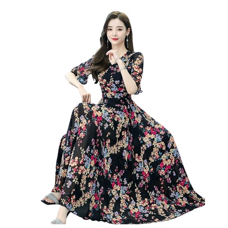 ĐẦM XÒE MAXI VOAN HOA SẮC MÀU CỔ V TAY LOE SIÊU XINH - KBT245350 - HÀNG QUẢNG CHÂU