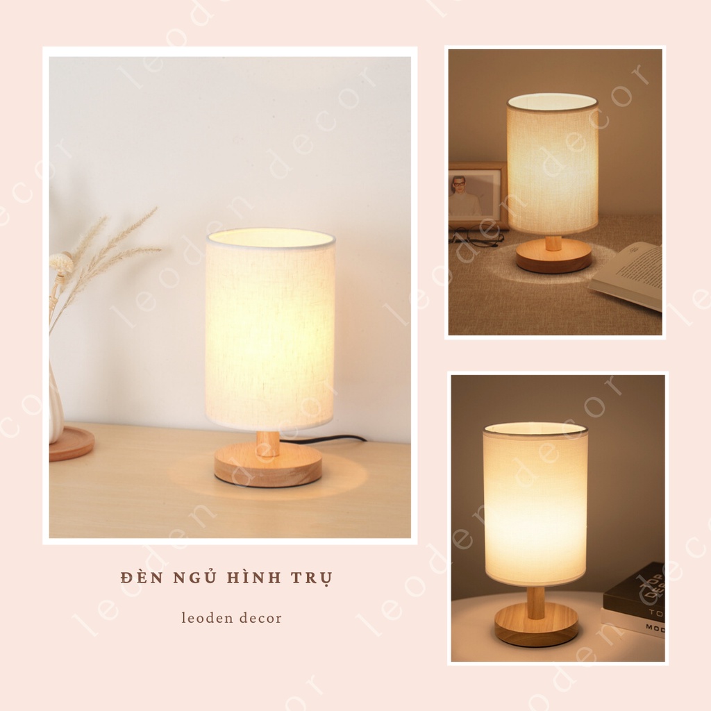 Đèn ngủ đế gỗ hình trụ chao vải lanh, đèn ngủ để bàn trang trí phòng ngủ có hẹn giờ - LEODEN Decor