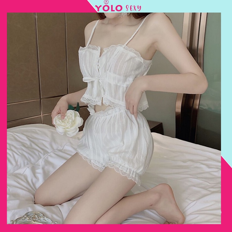Bộ đồ ngủ nữ gợi cảm hai dây màu trắng thô đũi - Đồ ngủ sexy nữ YL05