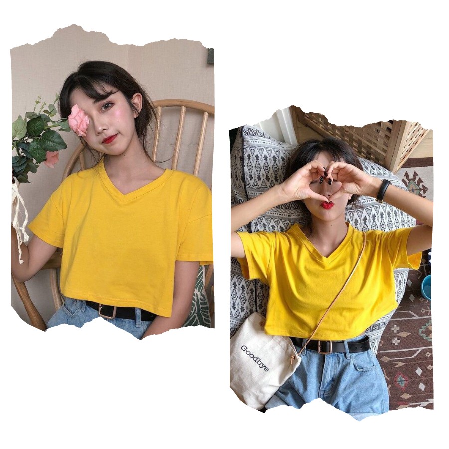Áo Croptop Cổ Tim Vàng Mustard Basic DÁNG SUÔNG NGẮN