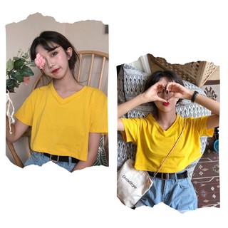 Áo croptop cổ tim vàng mustard basic dáng suông ngắn