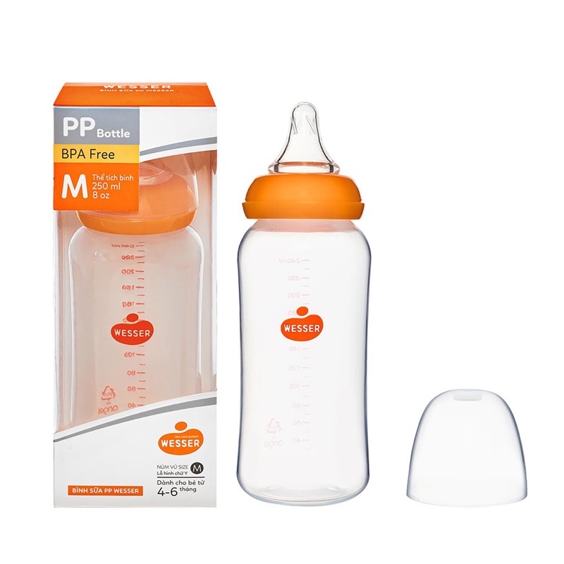 BÌNH SỮA CỔ HẸP 𝐏𝐏 WESSER 60ML/140ML/250ML