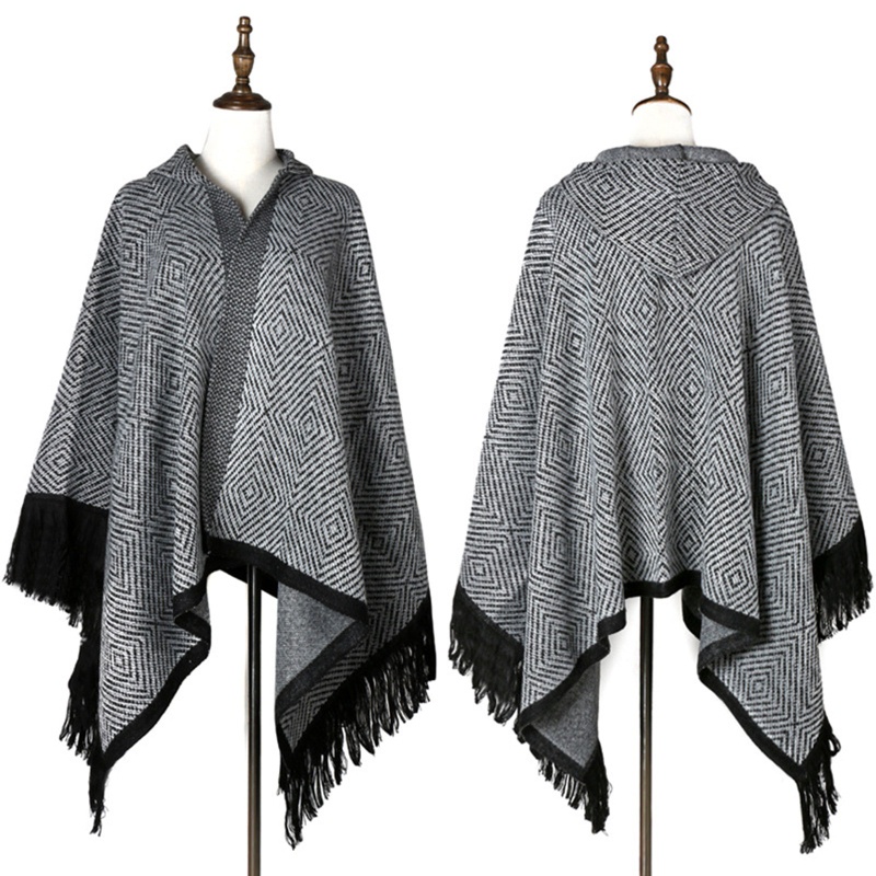 Khăn Choàng Dệt Kim Phối Tua Rua Viền Tua Rua Oversize Giữ Ấm Mùa Đông Phong Cách Vintage Cho Nữ