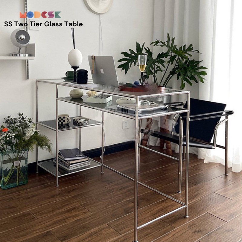 Bàn Studio làm lviệc Modesk SS Two Tier Glass Table khung inox 304, ván MFC An Cường, kính cường lực