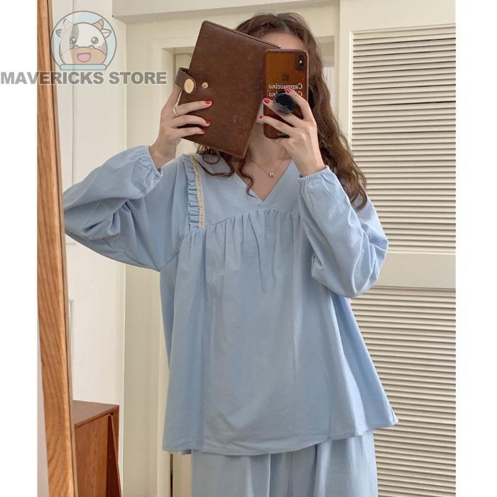 Bộ Đồ Ngủ Pijama Tay Dài Form Rộng Màu Sắc Trơn Thời Trang Mùa Thu Cho Nữ