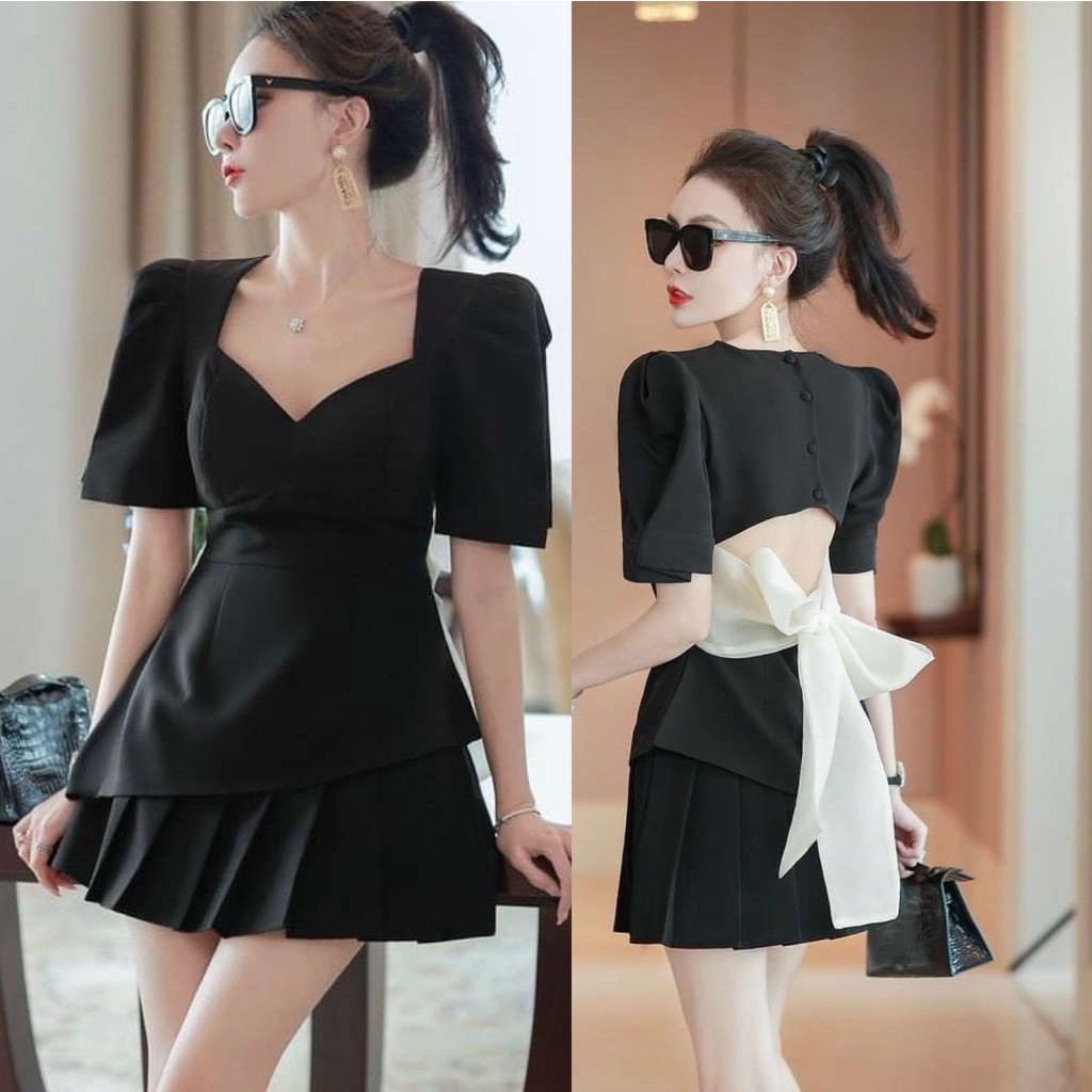 Đầm váy nữ tuyết mưa tay búp dáng chữ a công sở lưng hở kết nơ thời trang nữ tông màu đen sang chảnh