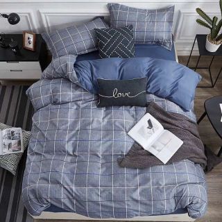 Bộ CHĂN GA GỐI Poly Cotton 4 món KẺ XANH SẪM THANH LỊCH hàng Nhập Khẩu