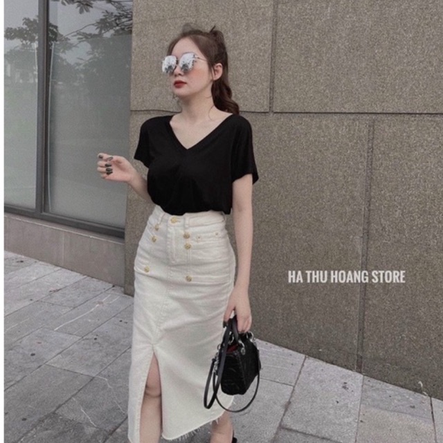 Chân váy jean chữ a xẻ tà trước  kiểu dáng công sở nhã nhặn lịch sự