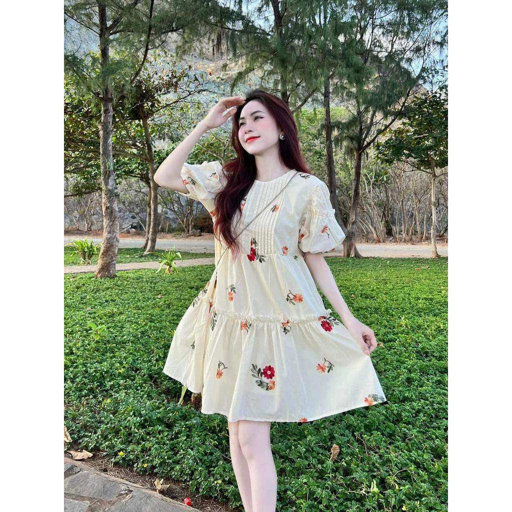 Đầm váy nữ Babydoll cổ tròn dập ly tay phồng in hoa dáng xòe siêu dễ thương.