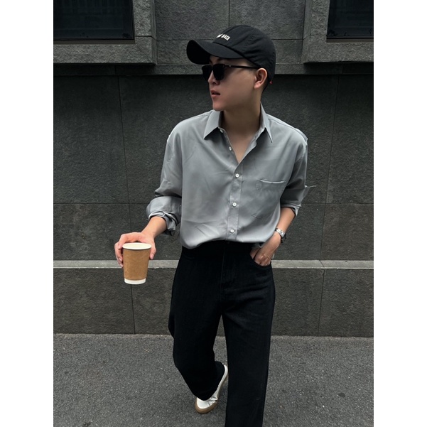 SIAM SƠ MI TAY DÀI MỘT TÚI MÀU XÁM PHOM RỘNG