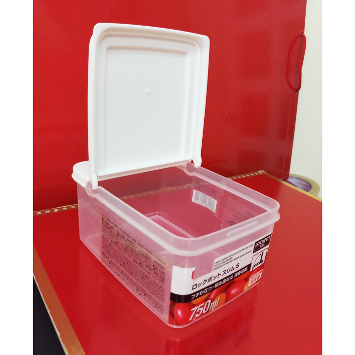 hộp nhựa 750ml, nắp trắng mở đứng vuông góc đựng thực phẩm của Nhật sx. 15x10,5x7,5cm. D307