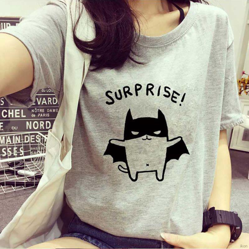 Áo thun ngắn tay cổ tròn trơn màu in họa tiết kiểu hoạt hình dành cho nữ