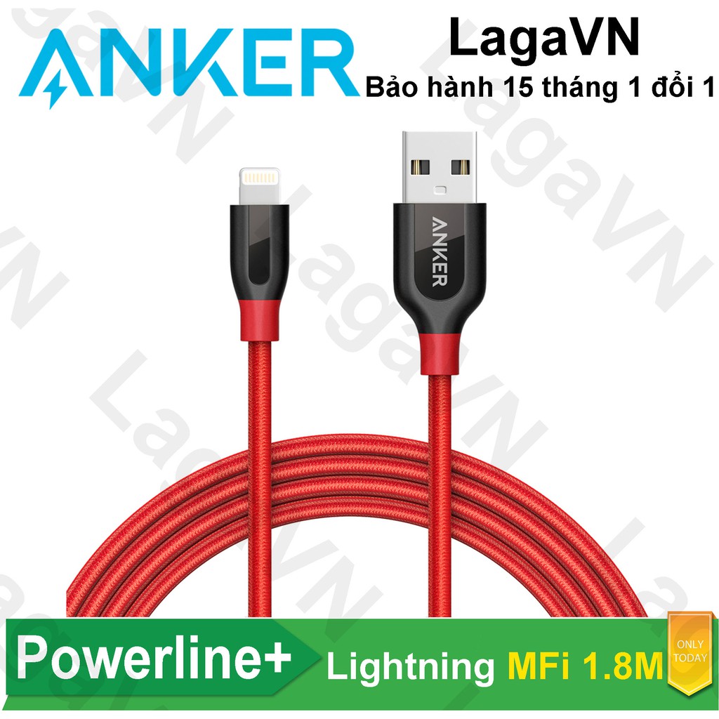 Cáp sạc nylon ANKER PowerLine+ Lightning MFi dài 1.8m (không túi da) cho iPhone iPad iPod - A8122