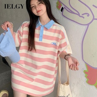 Áo polo IELGY tay ngắn dáng rộng họa tiết sọc màu sắc tương phản thời trang dành cho nữ