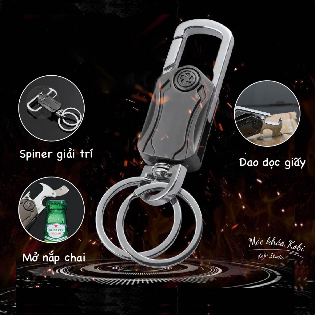 Móc Khóa Đa Năng Spinner KOBI Cao Cấp, Móc Chìa Khóa Xe Máy Ô Tô Inox Đa Chức Năng Mở Bia Cắt băng dính phiên bản mới