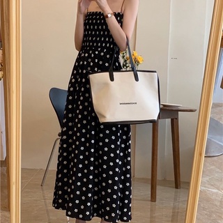 Little daisy dreess đầm maxi hai dây bông hoa nhỏ màu đen trắng
