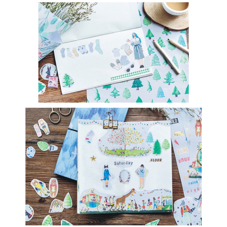Set 4 Tấm A4 Lớn Hình Dán Chữ Vintage Tiếng Anh Cây Cối, Đồ Ăn Trang Trí Sổ Bullet Journal Miếng Dán Sticker