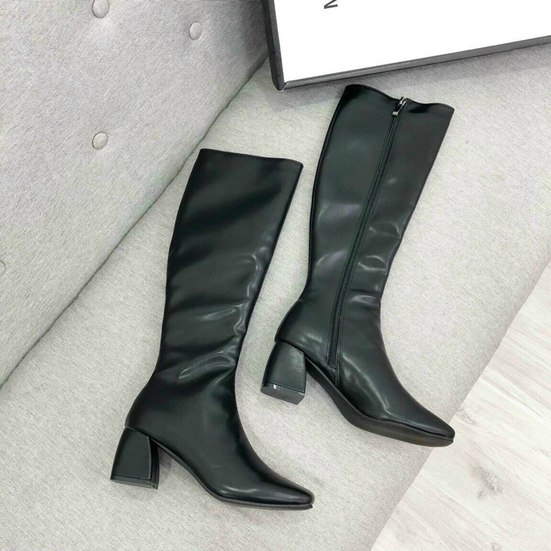 Bốt boot lửng da lì gót vuông fullbox hàng quảng châu cao cấp