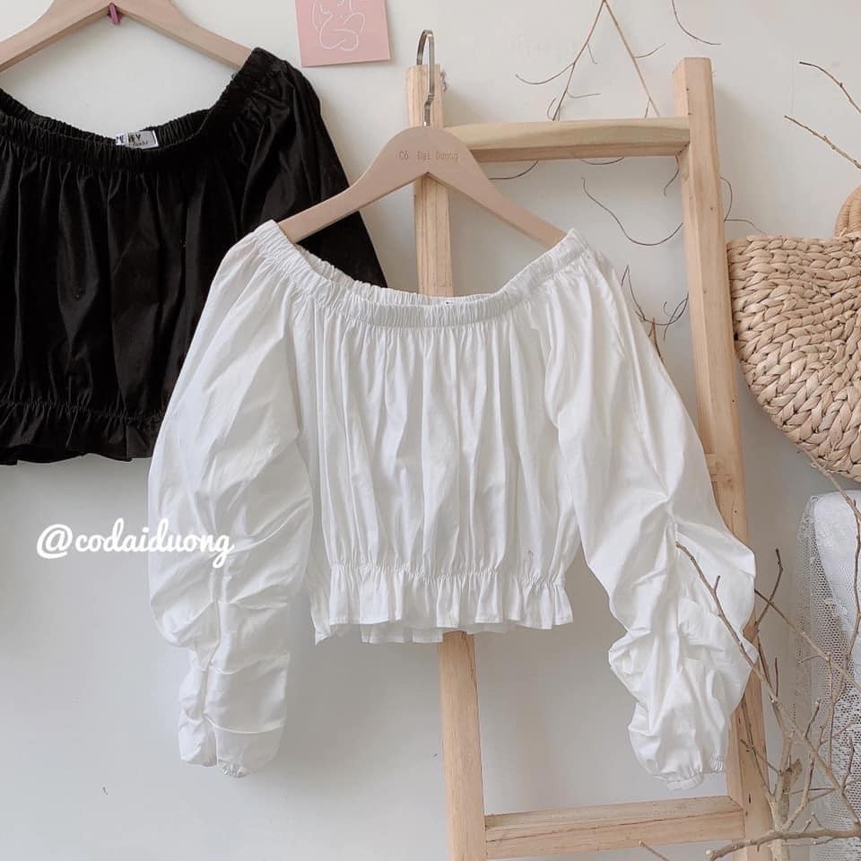 [Giảm Giá] Áo Trễ Vai Tay Nhún Bèo 2 Màu Đen trắng, Áo sơ mi trễ vai Croptop cho bạn thêm cuốn hút{Shop Lee Khánh Store}