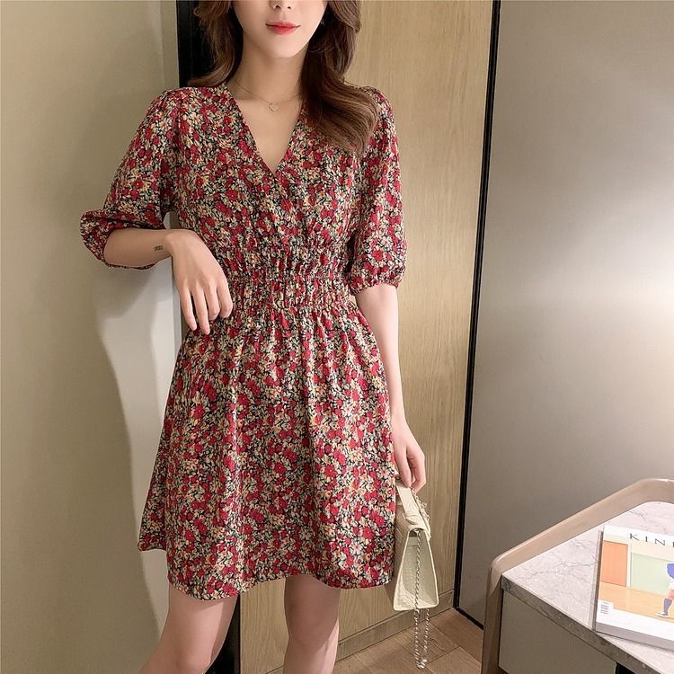 New Snapping up&VWomen's Mid-Length Floral Chiffon Dress with Collar2021Summer New French Style Retro Slimming HighAWord Dress | BigBuy360 - bigbuy360.vn