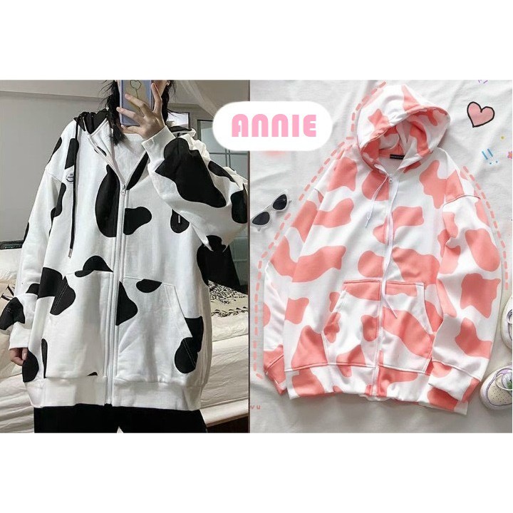 Áo khoác hoodie unisex dây kéo form rộng họa tiết bò sữa 2 màu hottrend thời trang Annie