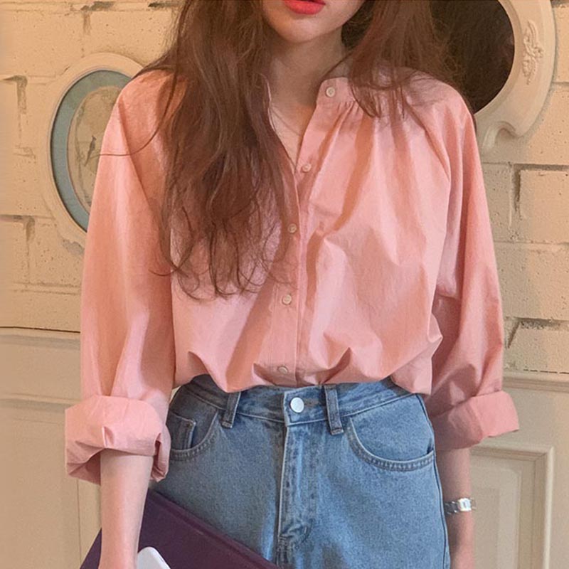 Áo sơ mi dài tay cổ tròn màu hồng xinh xắn sành điệu