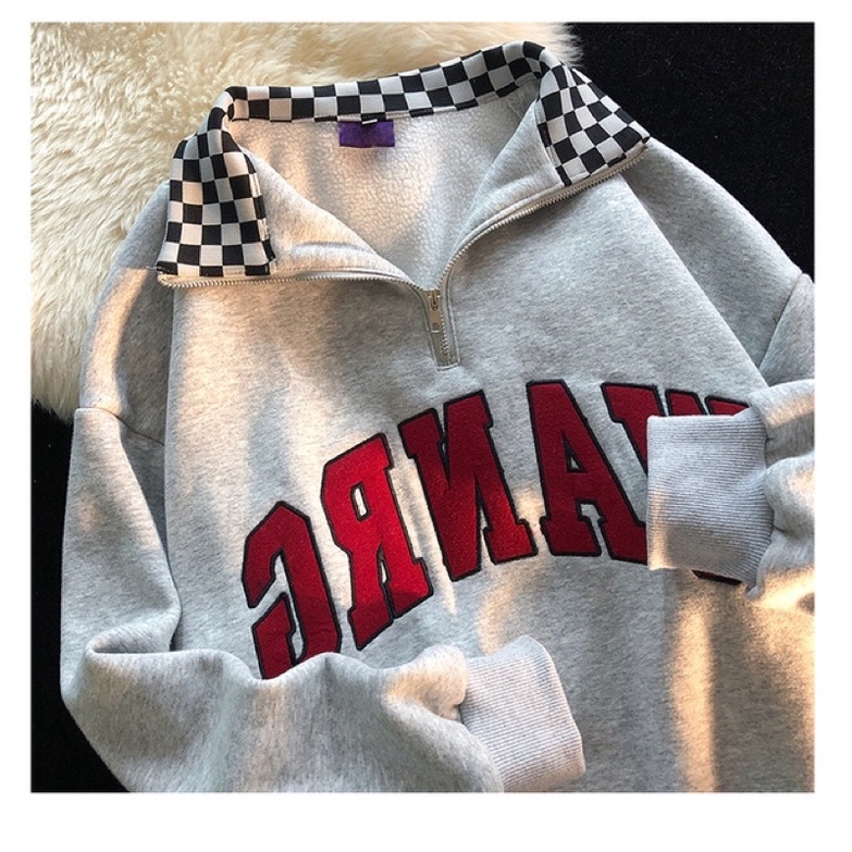 Áo nỉ bông Áo sweater dáng polo cổ phối hoạ tiết caro khoá kéo