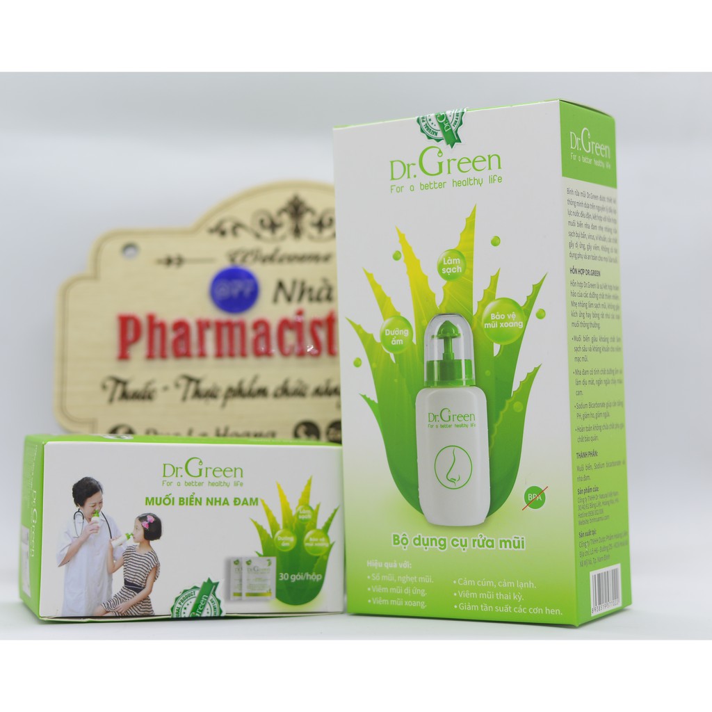 [Điều trị viêm mũi] Bình rửa mũi [SILICON] Dr Green 240ml + 40 gói muối biển Nha đam