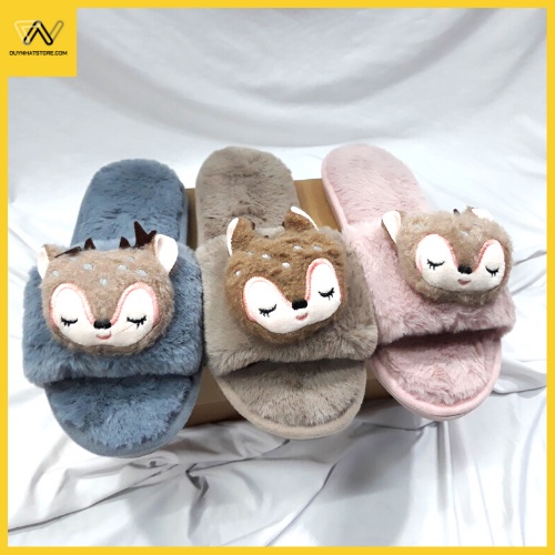 Dép Lông Đi Trong Nhà Nữ Giày Duy Nhật Store Phối hình Thú Xinh Xắn Lông Mềm Mịn Đế Cao Su không Trơn May Xung Quanh Bền