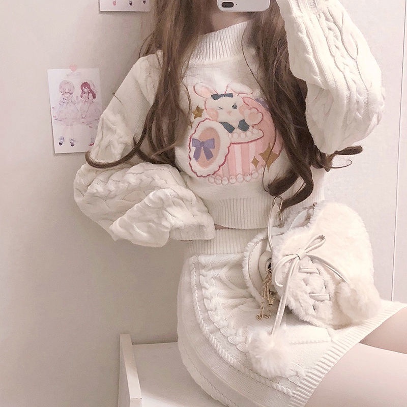 Bộ Áo Sweater Dệt Kim Phối Chân Váy Ngắn Thêu Hình Thỏ Kiểu Nhật Bản Thời Trang Mùa Thu Mới Cho Nữ 2021