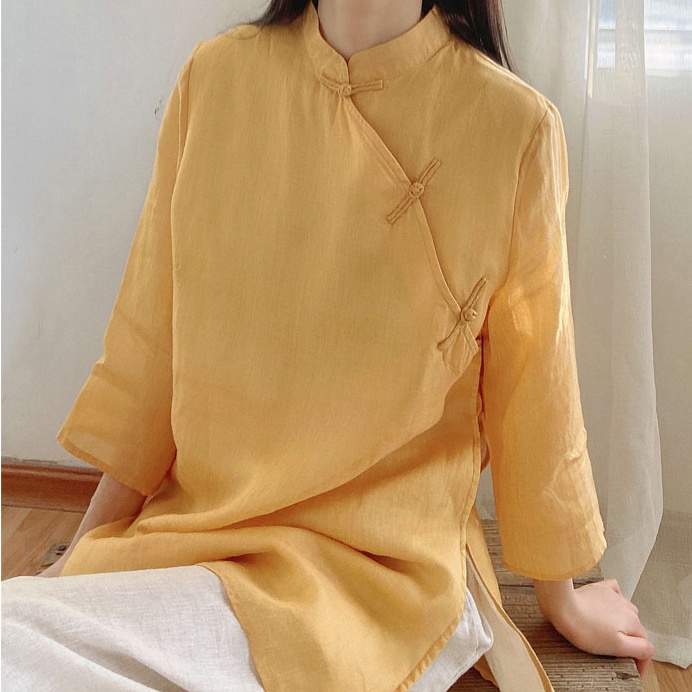 Áo Sơ Mi Cotton Lanh Nguyên Chất Dáng Rộng Phong Cách Trung Hoa Cổ Điển Cho Nữ