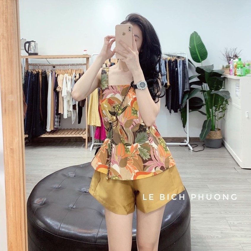 Set Áo Hoa Lá Vàng 2 Dây Quần Sooc