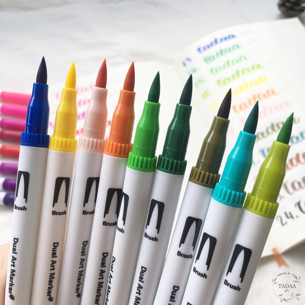 Bút brush bút dạ nhiều màu 2 đầu dual tip brush pens trang trí sổ tone xanh