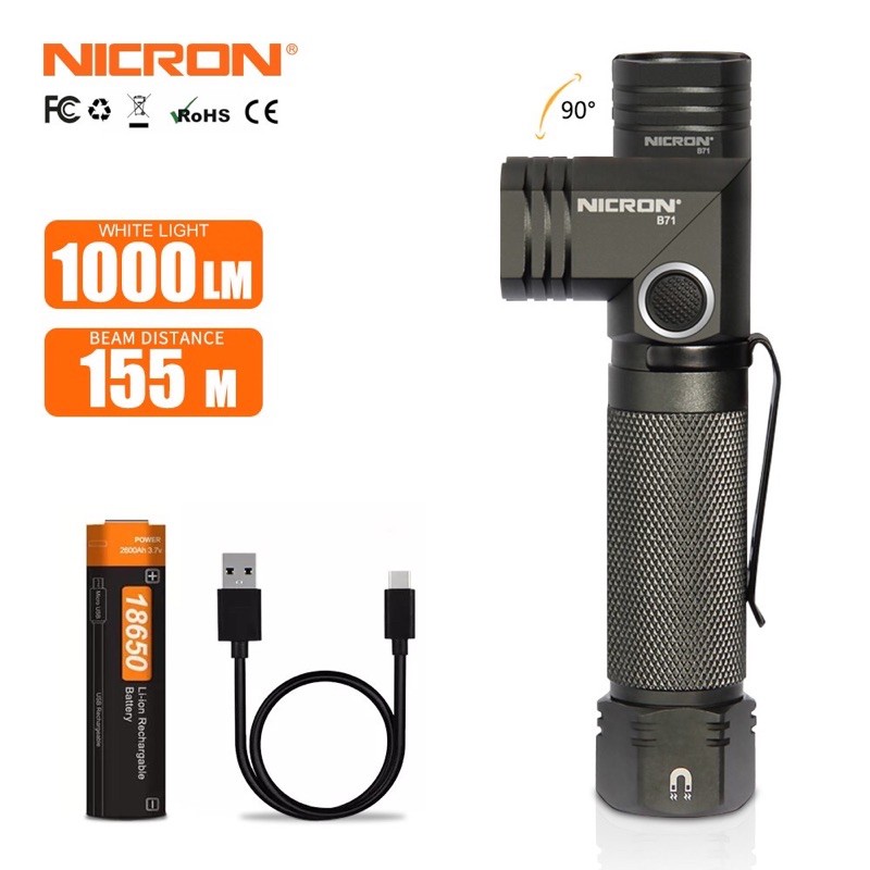 Đèn Pin EDC Đa Năng NICRON B71 Đầu Xoay 90 Độ Đèn Gù Kẹp Đội Đeo Đầu Led 1000 Lumen Nam Châm Đuôi Pin Sạc 18650