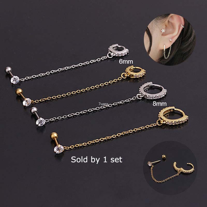 Bộ bông tai dạng treo tua rua dạng xoay màu vàng bạc 6mm 8mm