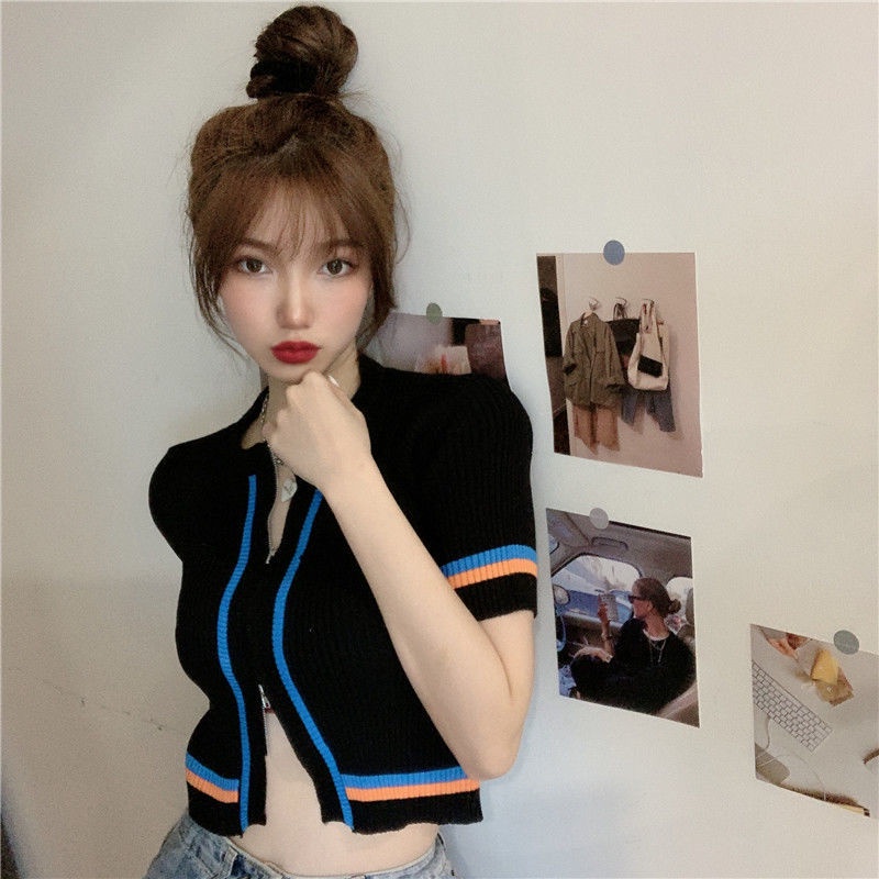 Áo Cardigan Dệt Kim Tay Ngắn Cổ Tròn Kẻ Sọc Phối Khóa Kéo Hai Chiều Thời Trang Mùa Hè Cho Nữ