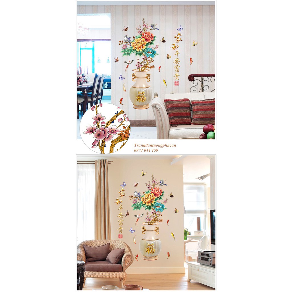Decal dán tường 3D bình hoa mẫu đơn size to 90cm x 1m5 | BigBuy360 - bigbuy360.vn