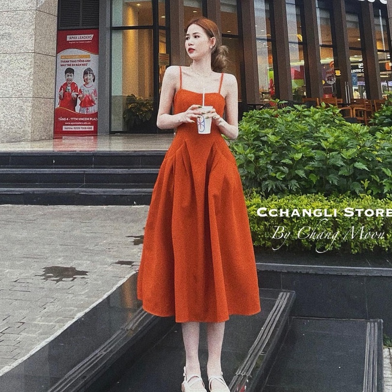 Váy Đầm Maxi Hai Dây Dáng Dài Đi Biển Màu Cam Cháy Tôn Eo Che Khuyết Điểm Bụng, Đầm Maxi Thiết Kế Dáng Dài