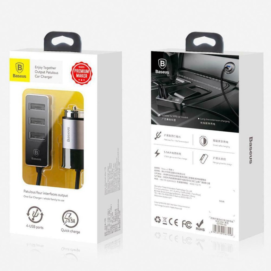 Bộ tẩu sạc đa năng dùng cho xe hơi Baseus Enjoy Together 5.5A, 4 cổng USB, Cáp dài 1.5M dùng cho cả ghế trước và sau xe